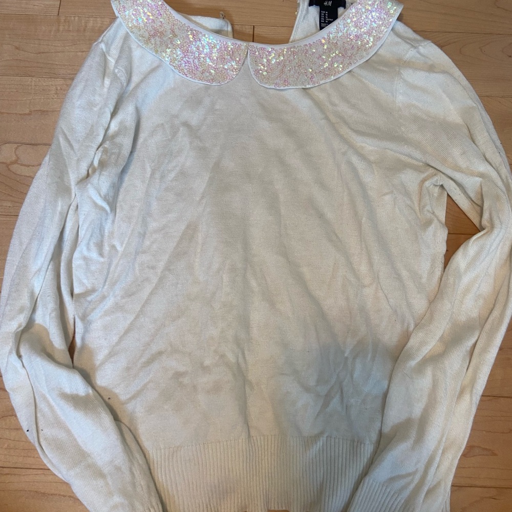 H&M Cream Crew Neck Sweater with Lace Detail